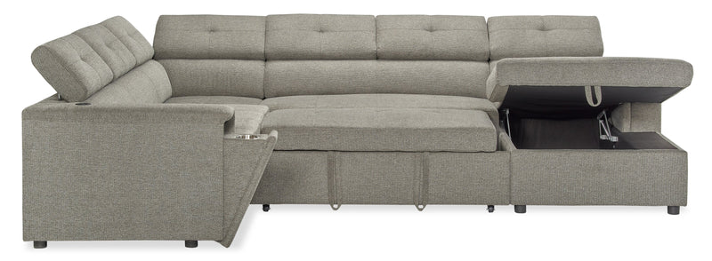 Sofa-lit sectionnel de droite Savvy 3 pièces en tissu d’apparence lin avec fauteuil long de rangement et appuie-têtes réglables - gris