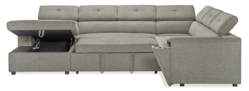 Sofa-lit sectionnel de gauche Savvy 3 pièces en tissu d’apparence lin avec fauteuil long de rangement et appuie-têtes réglables - gris