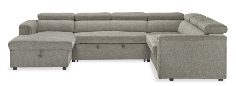 Sofa-lit sectionnel de gauche Savvy 3 pièces en tissu d’apparence lin avec fauteuil long de rangement et appuie-têtes réglables - gris