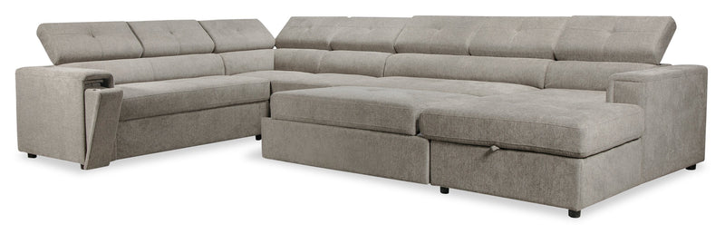 Sofa-lit sectionnel de droite Savvy 5 pièces en tissu d’apparence lin avec fauteuil long de rangement et appuie-têtes réglables - gris