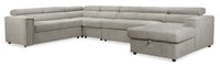  Sofa-lit sectionnel de droite Savvy 5 pièces en tissu d’apparence lin avec fauteuil long de rangement et appuie-têtes réglables - gris