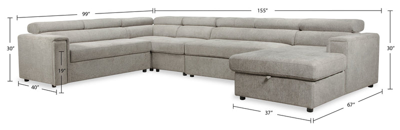 Sofa-lit sectionnel de droite Savvy 5 pièces en tissu d’apparence lin avec fauteuil long de rangement et appuie-têtes réglables - gris