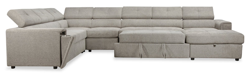Sofa-lit sectionnel de droite Savvy 5 pièces en tissu d’apparence lin avec fauteuil long de rangement et appuie-têtes réglables - gris