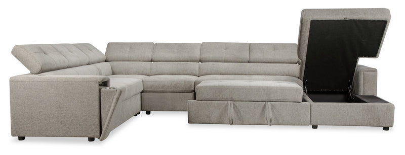 Sofa-lit sectionnel de droite Savvy 5 pièces en tissu d’apparence lin avec fauteuil long de rangement et appuie-têtes réglables - gris