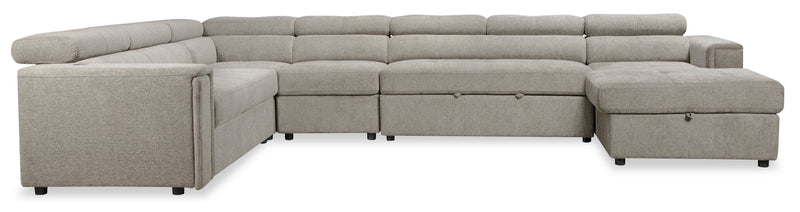 Sofa-lit sectionnel de droite Savvy 5 pièces en tissu d’apparence lin avec fauteuil long de rangement et appuie-têtes réglables - gris