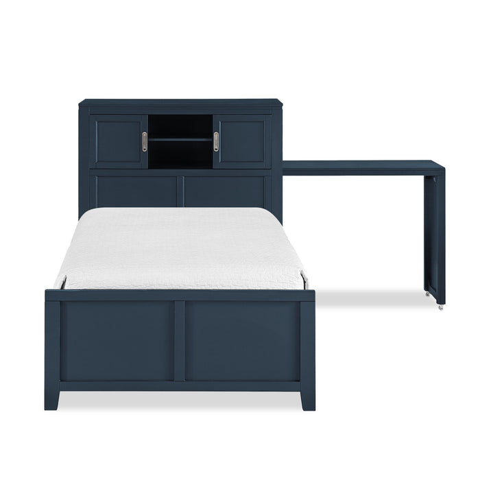 Lit plateforme Quinn avec tête de lit bibliothèque, bureau intégré et tabouret, bleu - format lit simple