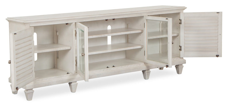 Meuble pour téléviseur rustique Baron de 82 po en pin avec rangement et système de gestion des câbles pour téléviseurs jusqu’à 90 po - albâtre