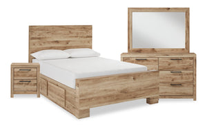 Ensemble de chambre à coucher Derekson 6 pièces naturel avec lit de rangement latéral, commode, miroir et table de nuit - format lit double