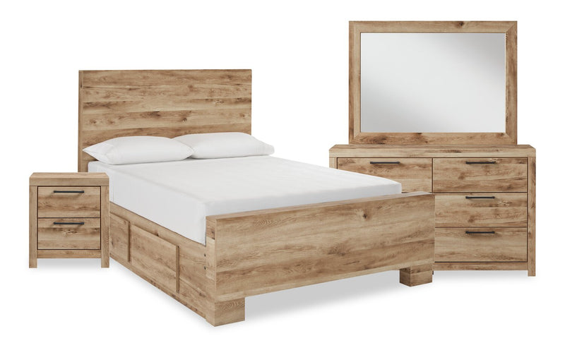 Ensemble de chambre à coucher Derekson 6 pièces naturel avec lit de rangement latéral, commode, miroir et table de nuit - format lit double