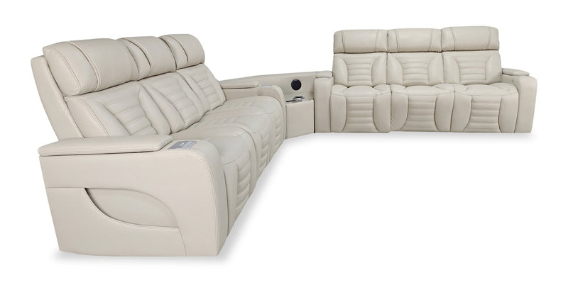 Sofa sectionnel à inclinaison électrique Zen 3 pièces en tissu d’apparence cuir avec massage et 2 consoles rabattables - abricot