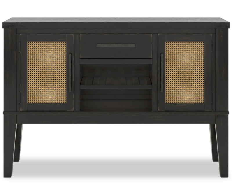 Desserte de salle à manger Shaw de 56 po (L) avec rangement, support à vin intégré et détails à apparence de canne - noire