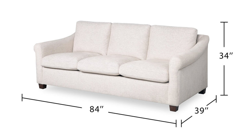 Sofa Mallie de 84 po en tissu de chenille avec accoudoirs enroulés et pattes en bois - blanc coquillage