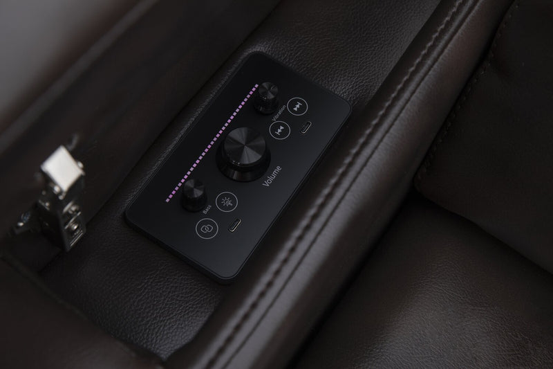 Fauteuil à inclinaison électrique Scott Living Escape de 39 po avec appuie-tête électrique et son ambiophonique - tissu d’apparence cuir brun foncé