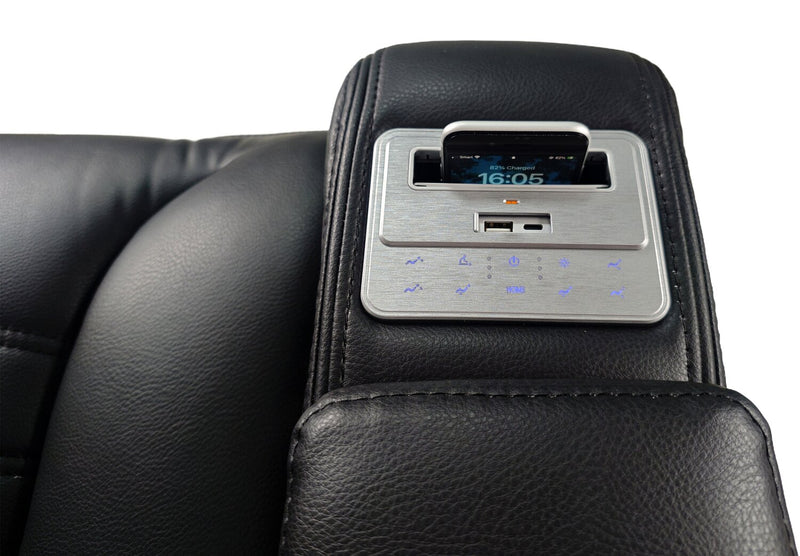 Causeuse de massage à inclinaison électrique Zen de 75,5 po en tissu d’apparence cuir avec console réfrigérée - noire