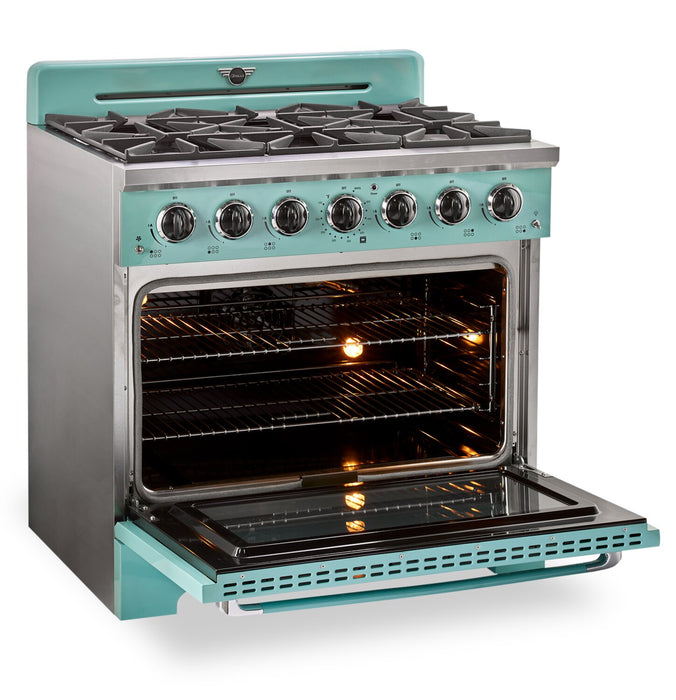 Cuisinière à gaz Classic Rétro par Unique de 36 po et de 5,2 pi3 à 6 brûleurs avec convection - turquoise brume marine - UGP-36CR T