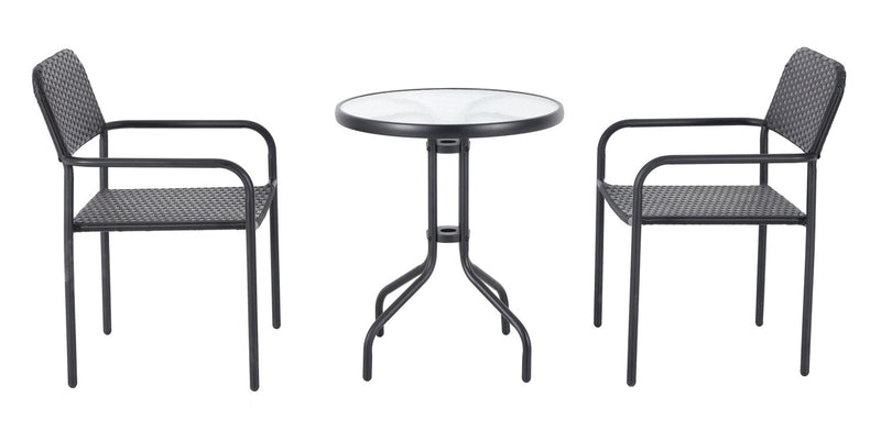 Ensemble bistro Paris 3 pièces pour la terrasse à l’extérieur avec 2 chaises et table à dessus en verre - osier en résine tressé à la main, résistant aux rayons UV et aux intempéries - noir