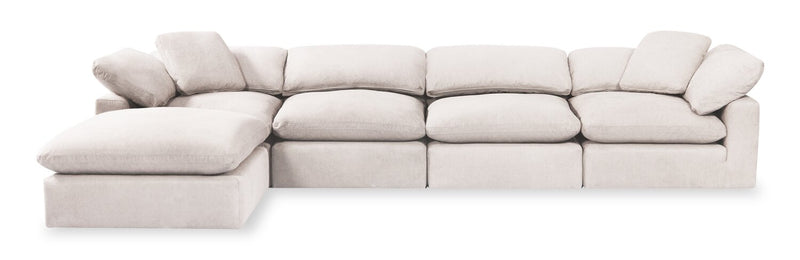 Sofa sectionnel modulaire Eclipse 5 pièces en tissu d’apparence lin avec pouf et coussins réversibles en duvet et plumes - blanc lin