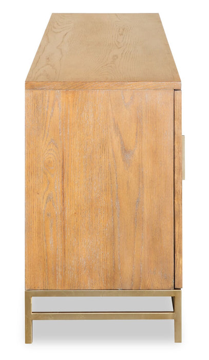 Meuble pour téléviseur moderne Cresset de 84 po en bois massif avec rangement et système de gestion des câbles pour téléviseurs jusqu’à 90 po - blé belge