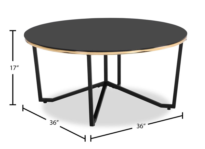 Table à café ronde moderne Xander de 36 po avec dessus en verre - noire et dorée avec pattes en métal