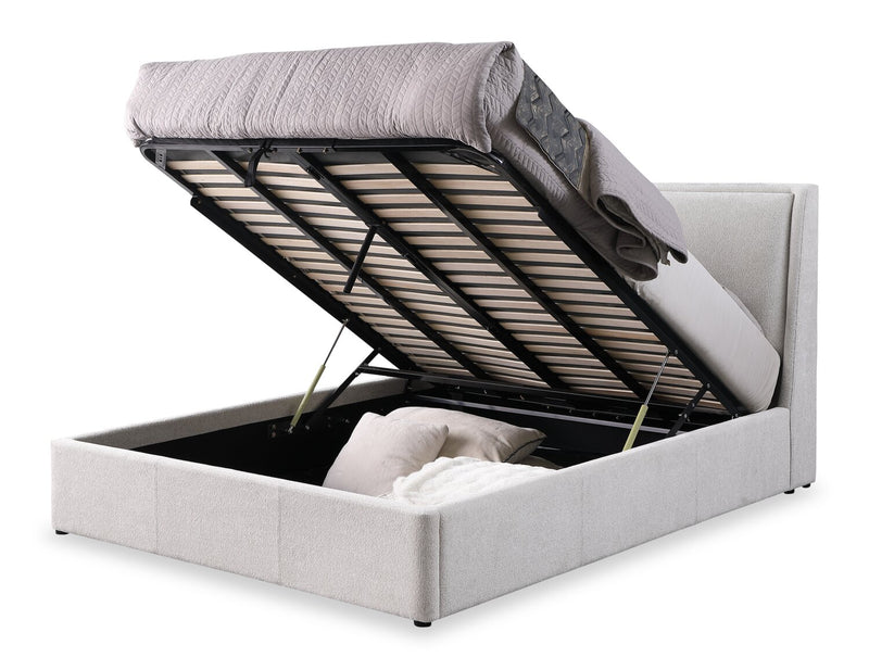 Lit plateforme rembourré Nico en tissu de polyester Taupe avec rangement et levage hydraulique - format très grand lit