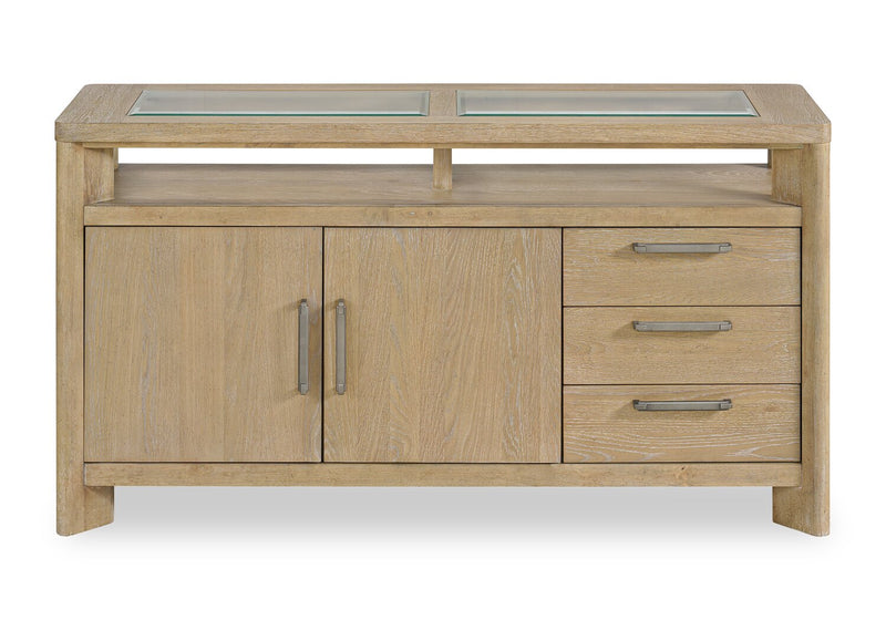 Desserte de salle à manger Aspen de 64 po (L) avec supports à vin et à verres à pied, 3 tiroirs et 2 portes - naturelle