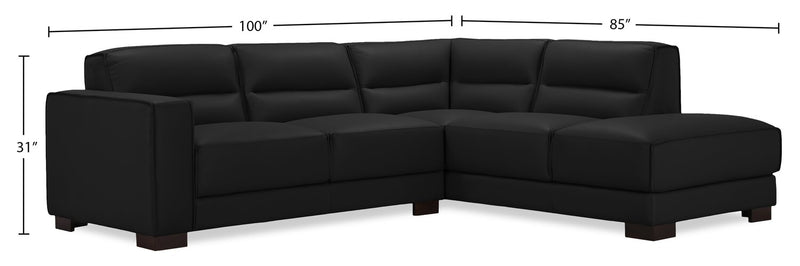 Sofa sectionnel de droite Citadel 2 pièces en cuir véritable de qualité supérieure avec pattes en bois - noir