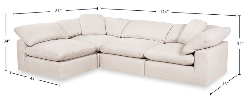 Sofa sectionnel modulaire de style cocon Eclipse 4 pièces en tissu d’apparence lin avec coussins réversibles en duvet et plumes - blanc lin