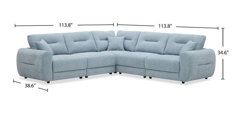 Sofa sectionnel Alora 5 pièces en tissu avec 3 coussins décoratifs et accoudoirs enroulés - bleu