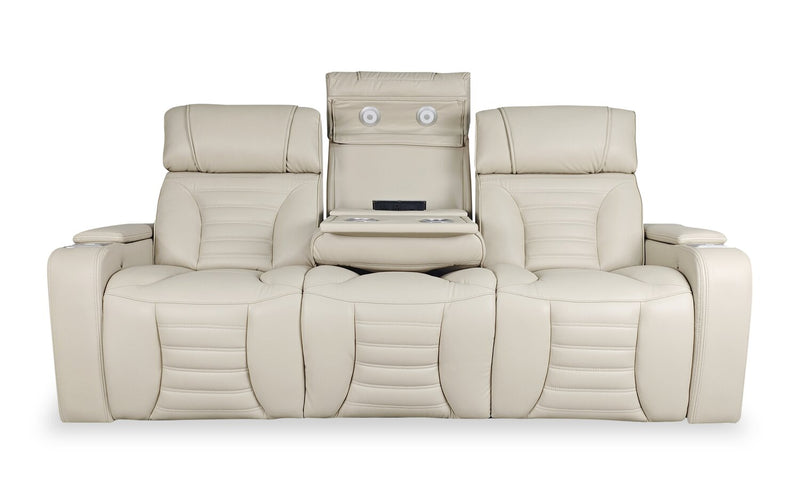 Sofa de massage à inclinaison électrique Zen de 86 po en tissu d’apparence cuir avec appuie-têtes électriques et console rabattable - abricot