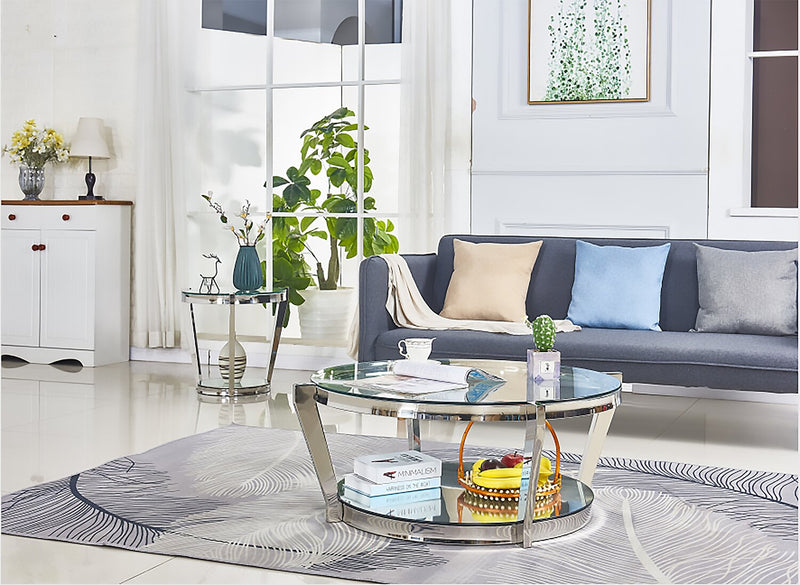 Table de bout ronde moderne Yonge de 22 po avec dessus en verre et tablette - fini chromé avec acier inoxydable