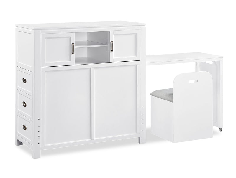 Lit plateforme Quinn avec tête de lit bibliothèque, bureau intégré et tabouret, blanc - format lit simple
