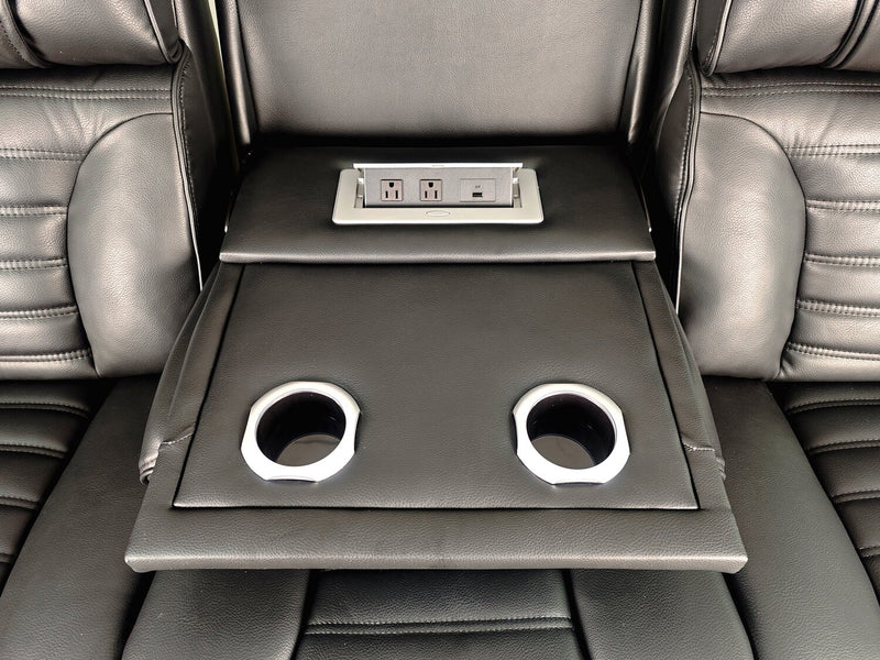 Sofa sectionnel à inclinaison électrique Zen 3 pièces en tissu d’apparence cuir avec massage et 2 consoles rabattables - noir