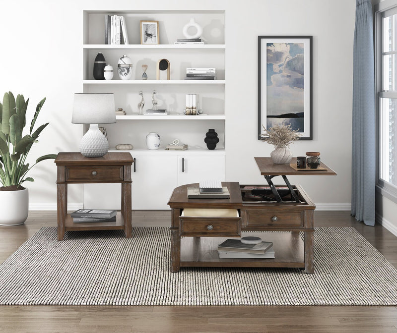 Table à café traditionnelle Weston de 38 po avec dessus relevable, rangement et roulettes - orme brun