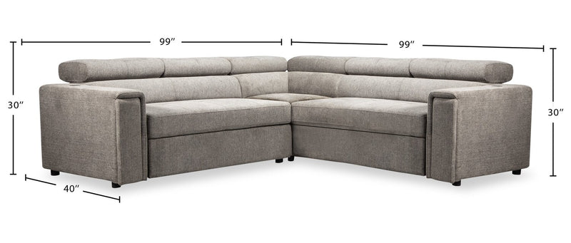 Sofa sectionnel Savvy 3 pièces en tissu d’apparence lin avec appuie-têtes réglables, porte-gobelets et port USB - gris