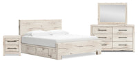 Ensemble de chambre à coucher Derekson 6 pièces blanc rustique avec lit de rangement latéral, commode, miroir et table de nuit - format très grand lit