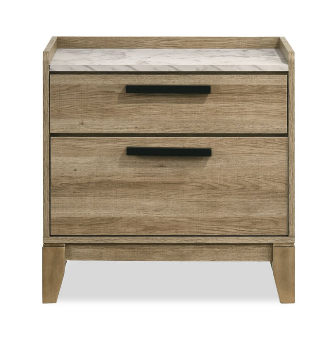 Ensemble de chambre à coucher Sable brun clair 6 pièces avec lit, commode, miroir et table de nuit - format lit double