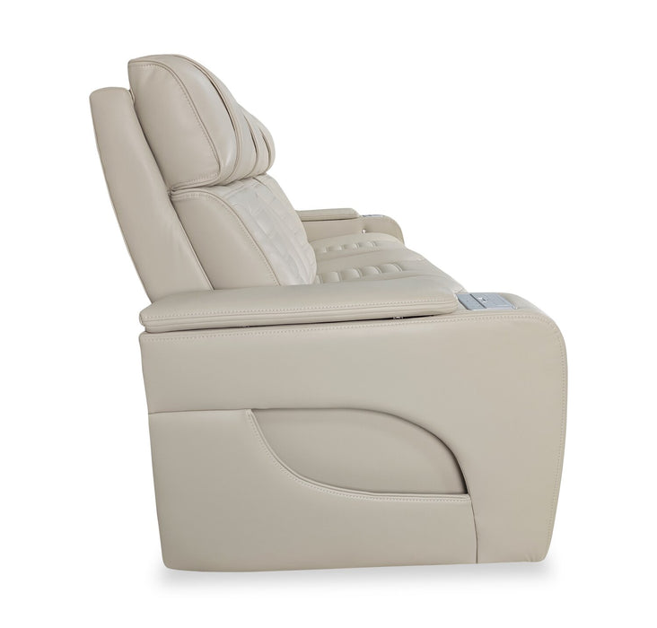 Sofa de massage à inclinaison électrique Zen de 86 po en tissu d’apparence cuir avec appuie-têtes électriques et console rabattable - abricot