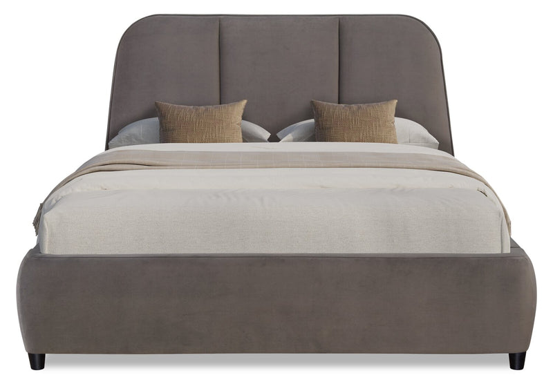 Lit plateforme rembourré Mave en tissu de velours gris - format grand lit