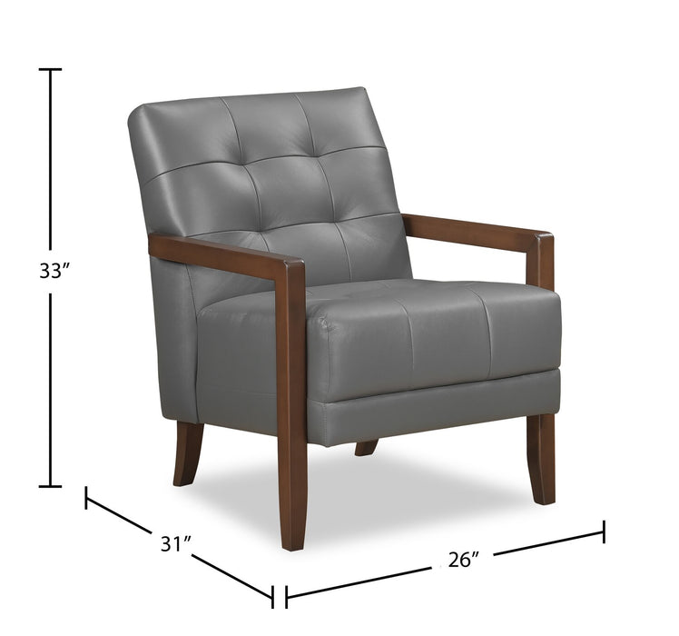 Fauteuil d’appoint Enzo de 26 po en cuir véritable avec capitonnage en biscuit, accoudoirs rectilignes et pattes en bois - gris foncé
