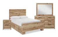 Ensemble de chambre à coucher Derekson 6 pièces naturel avec lit de rangement latéral, commode, miroir et table de nuit - format grand lit