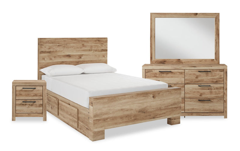 Ensemble de chambre à coucher Derekson 6 pièces naturel avec lit de rangement latéral, commode, miroir et table de nuit - format grand lit