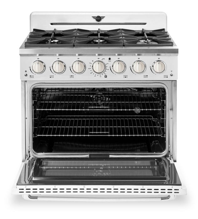 Cuisinière à gaz Classic Rétro par Unique de 36 po et de 5,2 pi3 à 6 brûleurs avec convection - blanc guimauve - UGP-36CR W