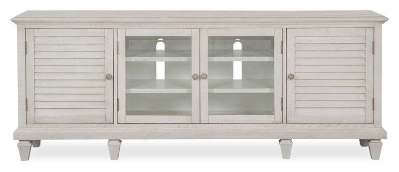 Meuble pour téléviseur rustique Baron de 82 po en pin avec rangement et système de gestion des câbles pour téléviseurs jusqu’à 90 po - albâtre