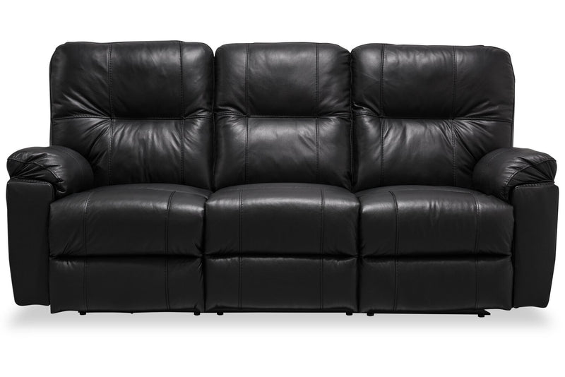 Sofa à inclinaison électrique Dawson de 87 po fabriqué au Canada en cuir véritable avec port USB et oussins décoratifs - noir