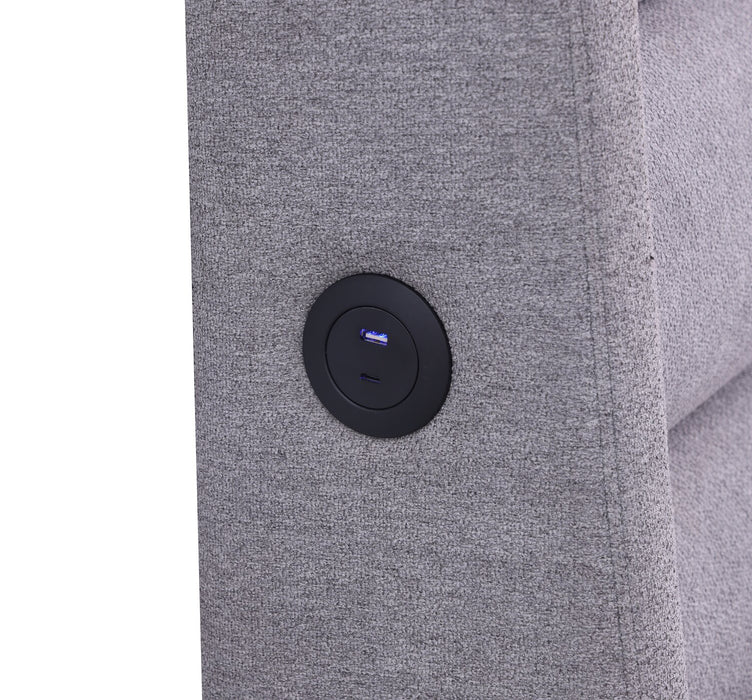 Base de lit plateforme rembourrée Jade en tissu gris avec ports USB - format très grand lit