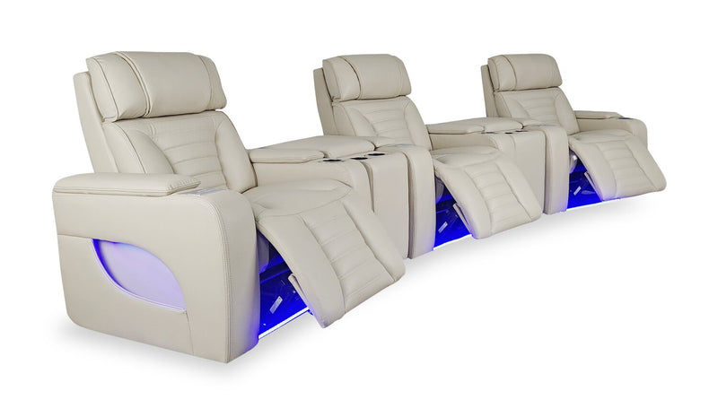 Sofa sectionnel à inclinaison électrique Zen 5 pièces de style cinéma maison en tissu d’apparence cuir avec massage et 2 consoles de rangement - abricot