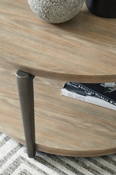 Table à café ronde moderne Lloyd de 43 po avec tablette et roulettes - gris-brun