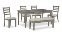 Ensemble de salle à manger Cove 6 pièces en mélamine avec table de 66 po (L), tiroirs de rangement, banc et 4 chaises - gris