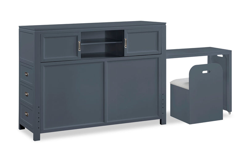 Lit plateforme Quinn avec tête de lit bibliothèque, bureau intégré et tabouret, bleu - format lit double