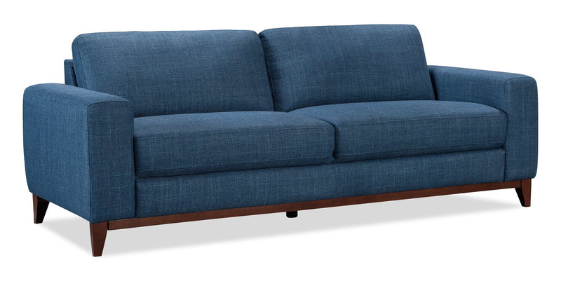 Sofa River de 87 po en tissu d’apparence lin avec base et pattes en bois - bleu